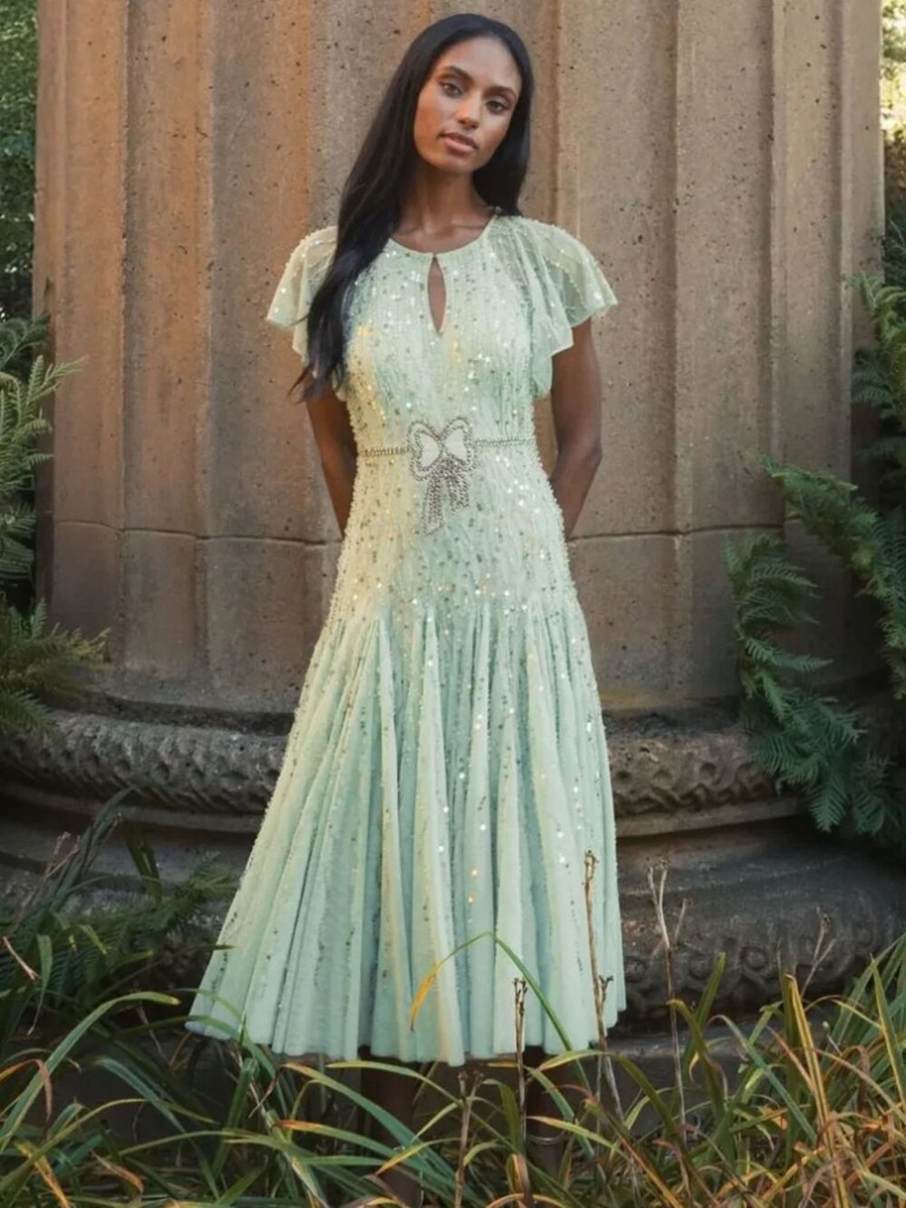 Mac Duggal Seafoam Sequin Midi Dress Green A-Line Jewel Bow Tulle 94128 Size 16